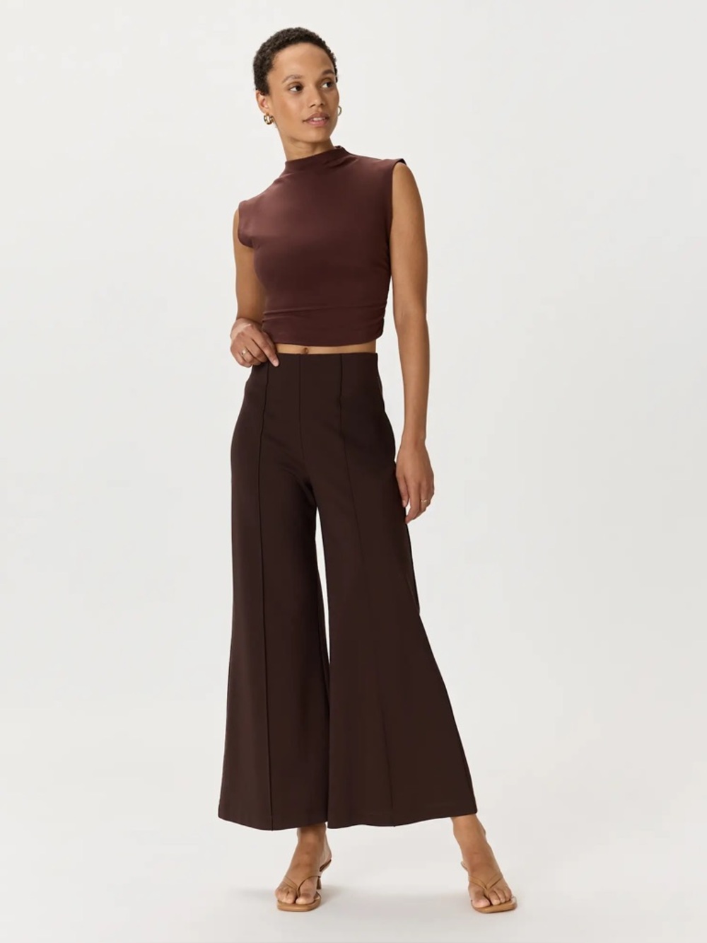 Quince Ankle Pants Womens Small Brown Ultra Stretch Ponte Pleated Wide Leg New